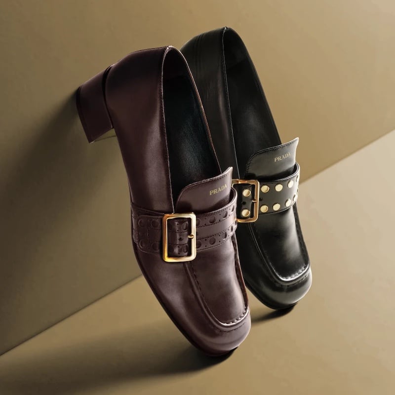 Prada Perforated Leather Buckle Heeled Loafers